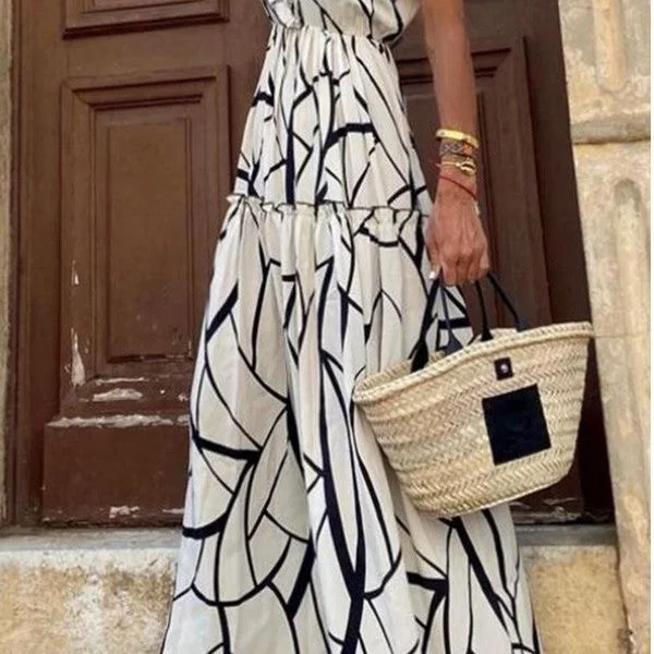 White Abstract Print V Neck Ruffle Maxi Dress Classic Black Maxi Dress