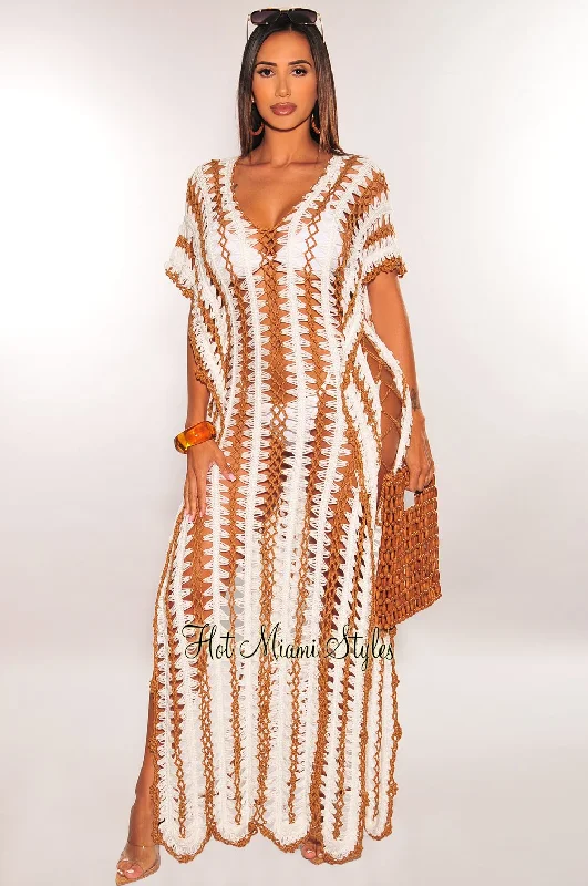 White Mocha Crochet V Neck Side Lace Up Cover Up Maxi Dress Stylish V-Neck Maxi Dress