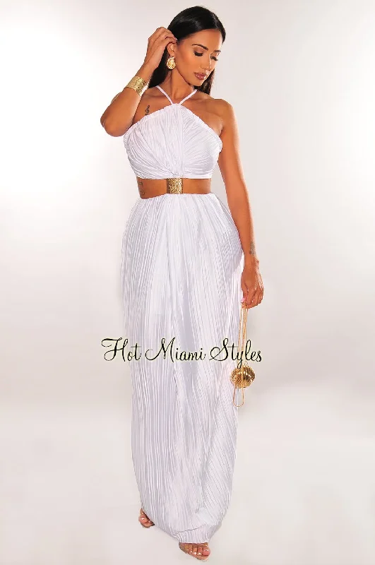 White Pleated Halter Gold Cuff Strappy Cut Out Maxi Dress Elegant Velvet Maxi Dress