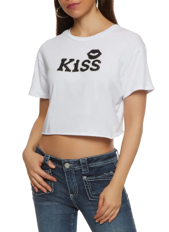 Rhinestone Kiss Cropped T Shirt Fashionable Sheer Short Shirt