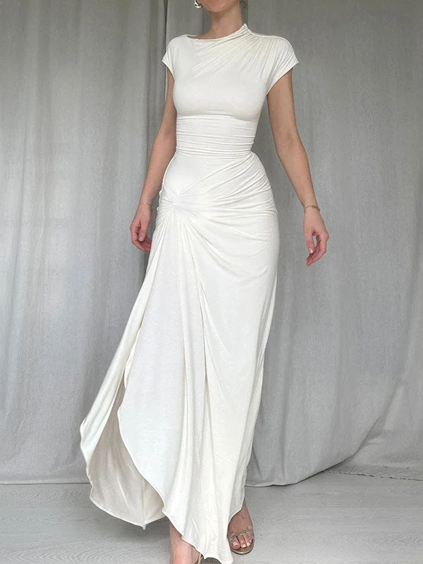 White Short Sleeve Split Maxi Dress Cozy Maxi Dress with Slit