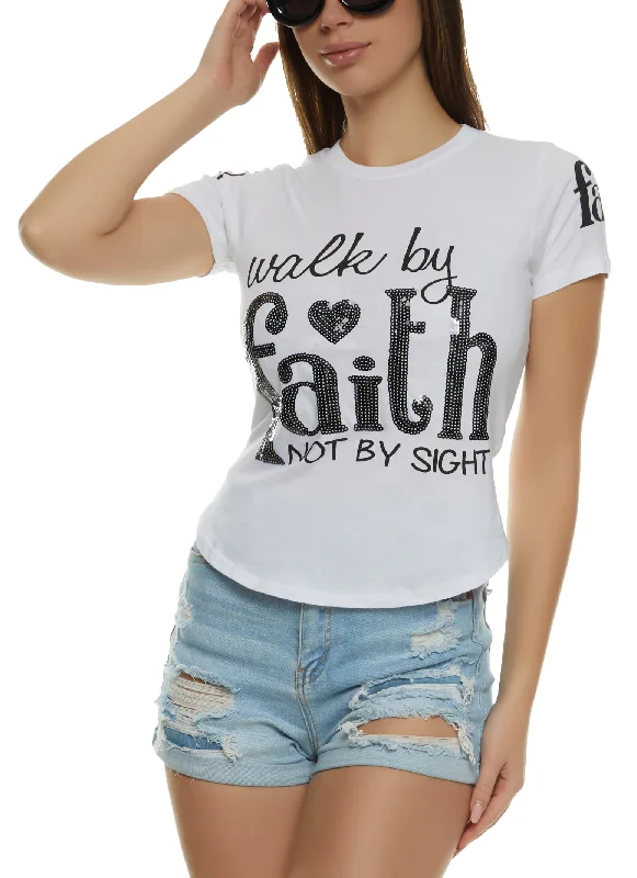 Walk By Faith Sequin Graphic T Shirt Comfortable Short Sleeve Blouse