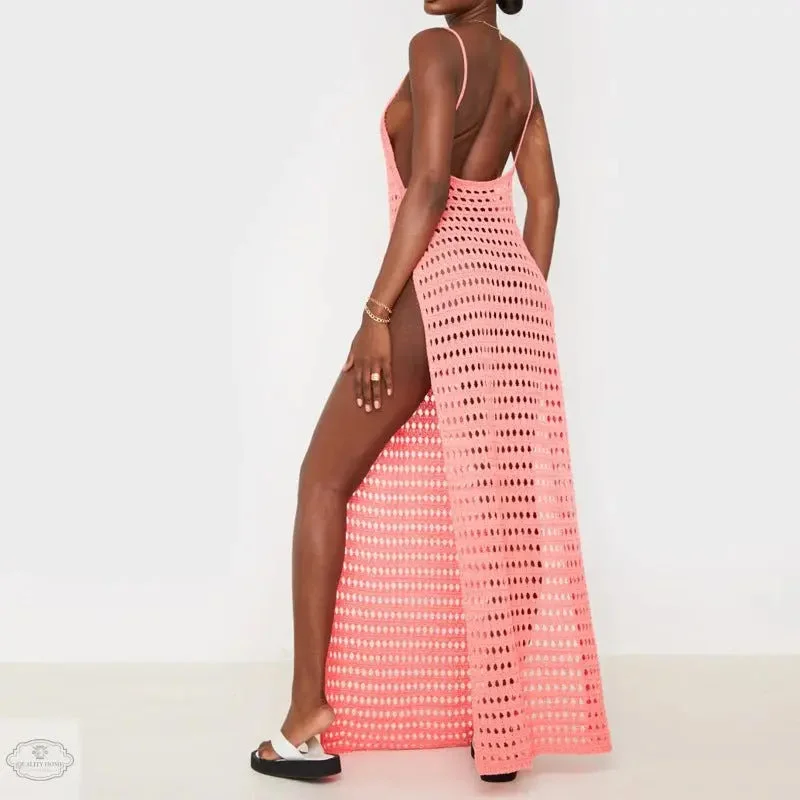 Hollow Out Large Slit Maxi Dress Trendy Satin Maxi Dress