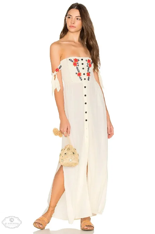 Floral Embroidered Slit Maxi Dress Cozy Cold-Shoulder Maxi Dress