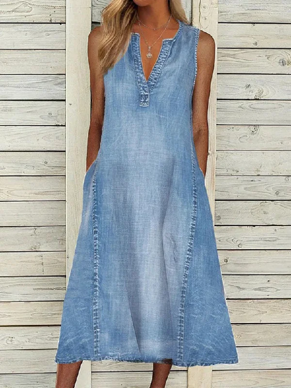 FashionSierra - Women V-neck Sleeveless Midi Dress Spring Summer Denim Shrink-resistant Pockets Stylish Button-Down Midi Dress FashionSierra - Women V-neck Sleeveless Midi Dress Spring Summer Denim Shrink-resistant Pockets Stylish Button-Down Midi Dress