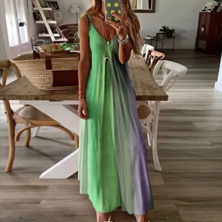 Women'S Fashion Boho Gradient Rainbow Color Printed Slip Casual Maxi Dress Cozy Knit Maxi Dress