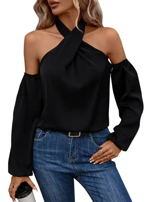 New women’s solid color strapless long-sleeved shirt Soft Silk Short Sleeve