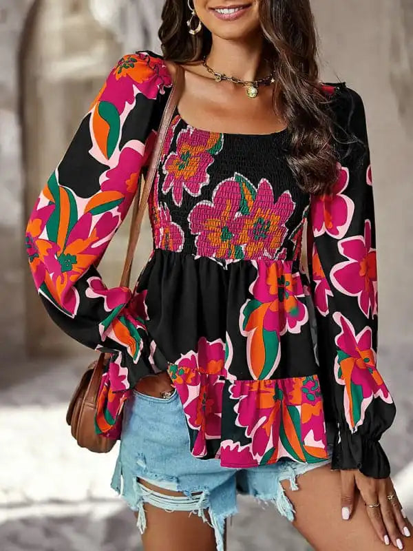 Women’s Square Neck Temperament Casual Printed Long Sleeve Shirt Top Trendy Floral Print Tee