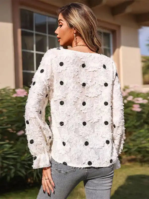 Women’s Top Long Sleeve V Neck Polka Dot White Shirt Chic Silk Short Sleeve Shirt