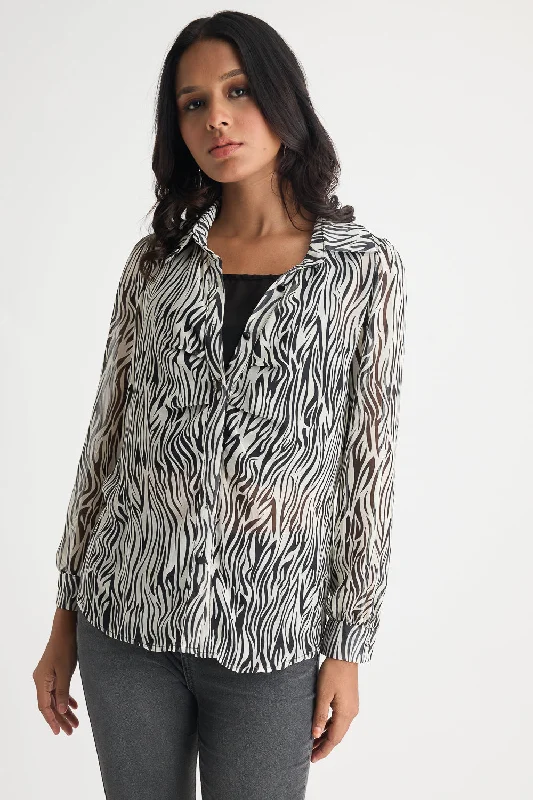 Zebra Printed Sheer Shirt Classic Basic Short Shirt