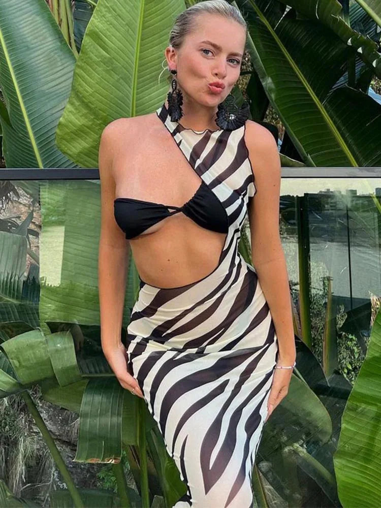 Zebra Transparent Striped Cut Out Vacation Midi Dresses Stylish Tiered Midi Dress
