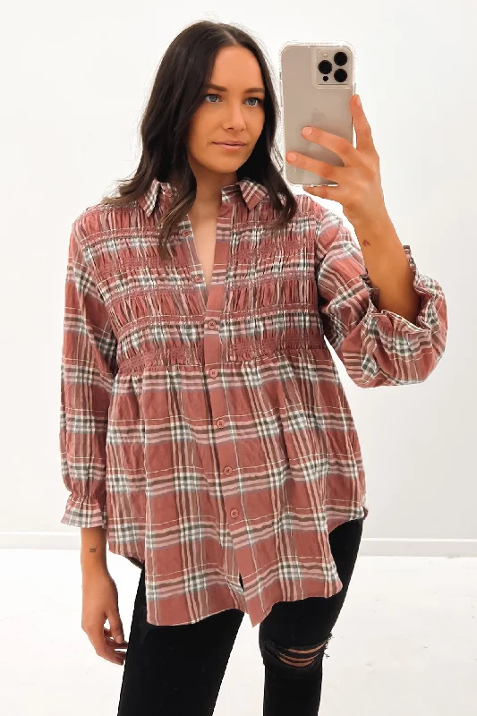 Zelda Shirt Red Check Chic Embellished Short Sleeve