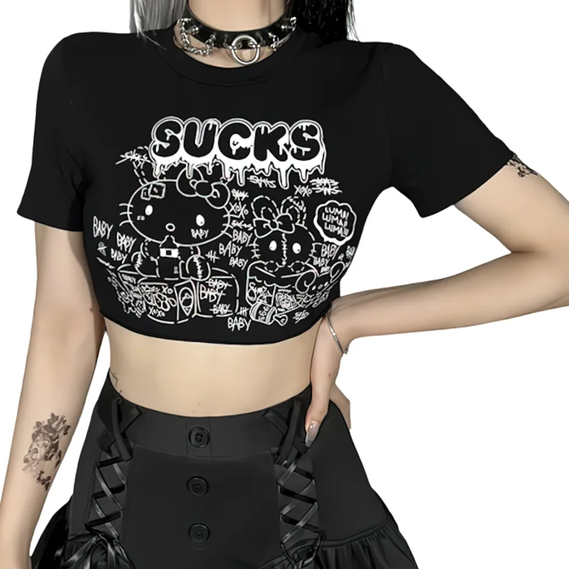 Alternative Style Women's T-Shirt / Black Female T-Shirt With Cool Print / Stylish Crop Top Notch Collar Peter Pan Collar Cowl Neck Alternative Style Women's T-Shirt / Black Female T-Shirt With Cool Print / Stylish Crop Top Notch Collar Peter Pan Collar Cowl Neck