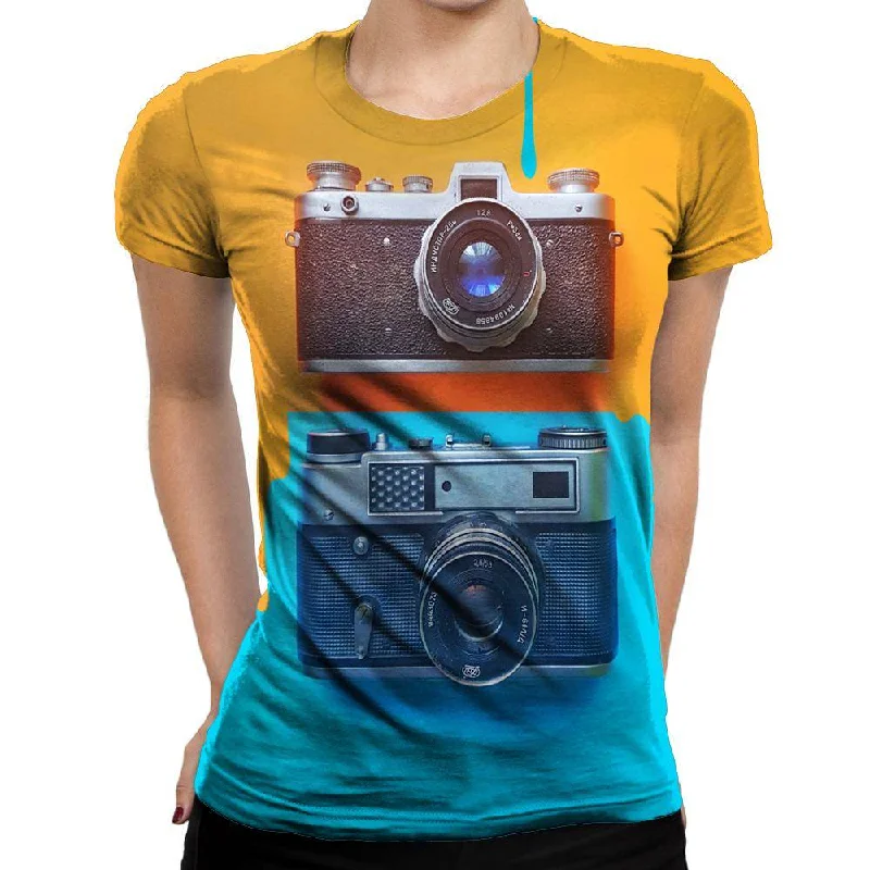 Antique Camera Womens T-Shirt Asymmetrical Pockets Print