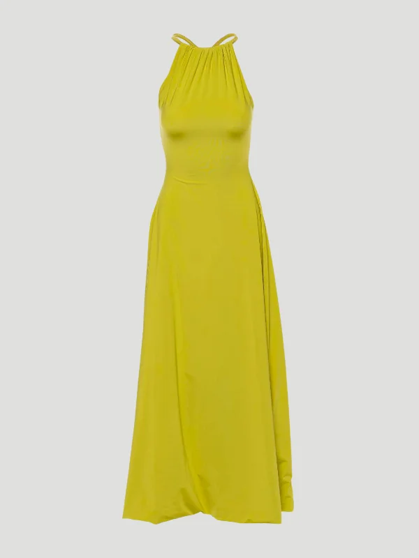 Atlaua Green Halter-Neck Maxi Dress Comfortable Pleated Maxi Dress