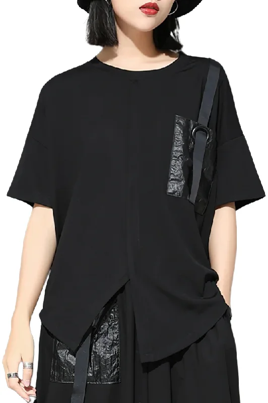 Black Women's Irregular T-Shirt with Pocket & Ribbon / Loose Casual O-Neck Short Sleeve Tshirt Houndstooth Herringbone Solid Black Women's Irregular T-Shirt with Pocket & Ribbon / Loose Casual O-Neck Short Sleeve Tshirt Houndstooth Herringbone Solid