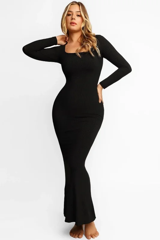 Secret  Shapewear long sleeve maxi dress- Black Fashionable Sheer Maxi Dress