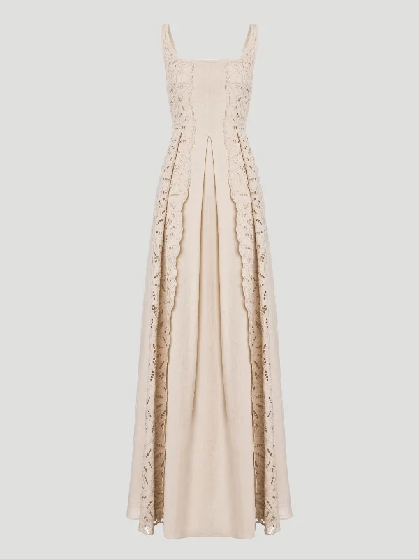 Cotton Linen Embroidered Maxi Dress Trendy Maxi Dress with Belt