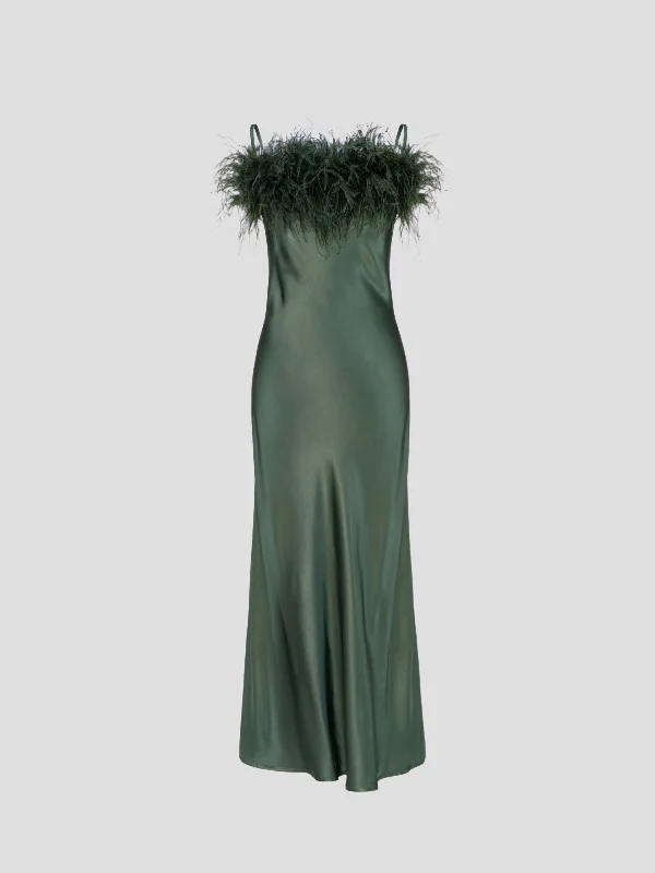 Green Boheme Feather-trimmed Satin Maxi Dress Fashionable Faux Wrap Maxi Dress