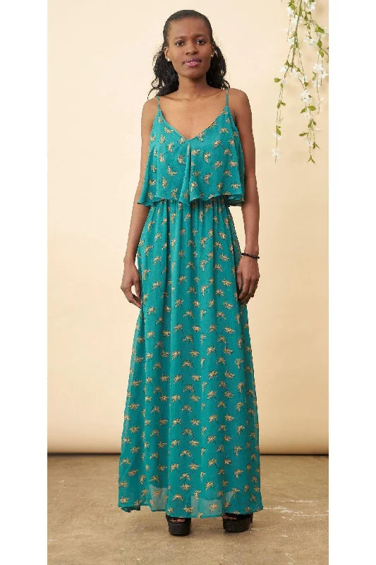 Ginkgo 'Cropped' Maxi Dress in Emerald + Gold Stylish A-Line Maxi Dress