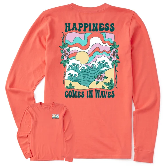 Life is Good. Women's Groovy Happiness Wave Long Sleeve Crusher-LITE Tee, Mango Orange Wool Fabric Cashmere Fabric Tweed Fabric Life is Good. Women's Groovy Happiness Wave Long Sleeve Crusher-LITE Tee, Mango Orange Wool Fabric Cashmere Fabric Tweed Fabric