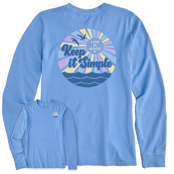 Life is Good. Women's Groovy Keep it Simple Sun & Sea Long Sleeve Crusher-LITE Tee, Cornflower Blue Denim Fabric Leather Fabric Suede Fabric Life is Good. Women's Groovy Keep it Simple Sun & Sea Long Sleeve Crusher-LITE Tee, Cornflower Blue Denim Fabric Leather Fabric Suede Fabric