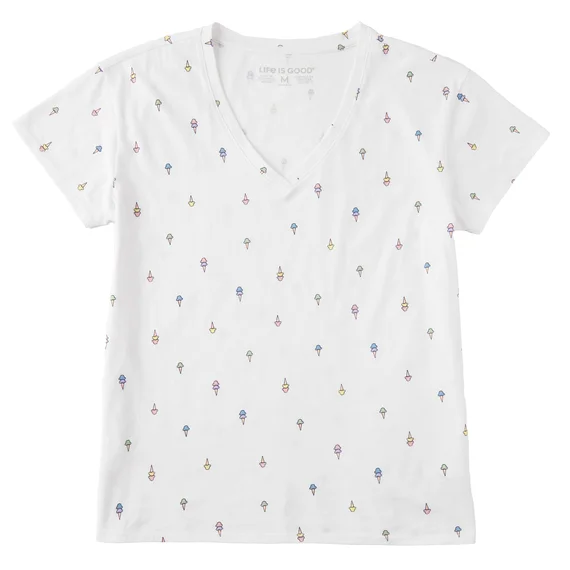 Life is Good. Women's Ice Cream Ditsy Allover Pattern V-Neck T-Shirt, Cloud White Handmade Hand-knitted Hand-woven