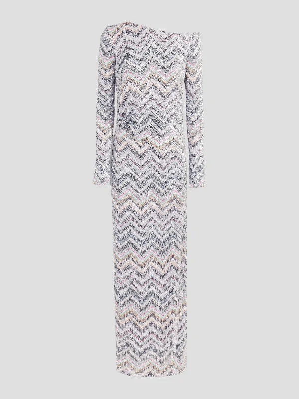 Light Grey Zig Zag Sequins Maxi Dress Cozy Maxi Dress with Slit