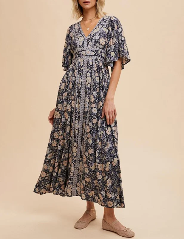 Loraine Flutter Sleeve Midnight Floral Maxi Dress Cozy Open-Back Maxi Dress