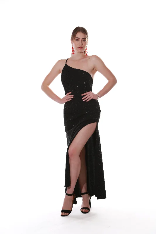 One shoulder maxi dress- Silver sparkle Comfortable Cotton Maxi Dress