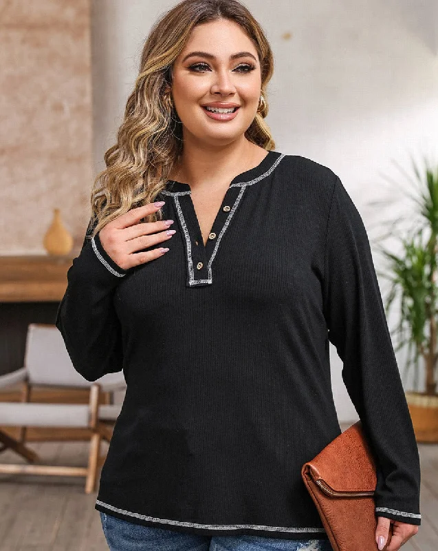 Ladies Plus Size Notched Neck  Tee Spandex Blend Rayon Blend Denim Blend