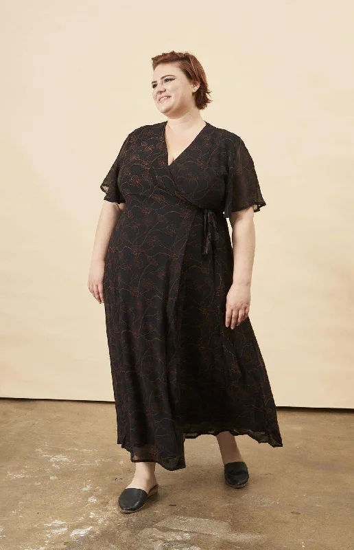 Poppy Flower Butterfly Sleeve Maxi Dress in Black + Copper Trendy Floral Print Maxi Dress