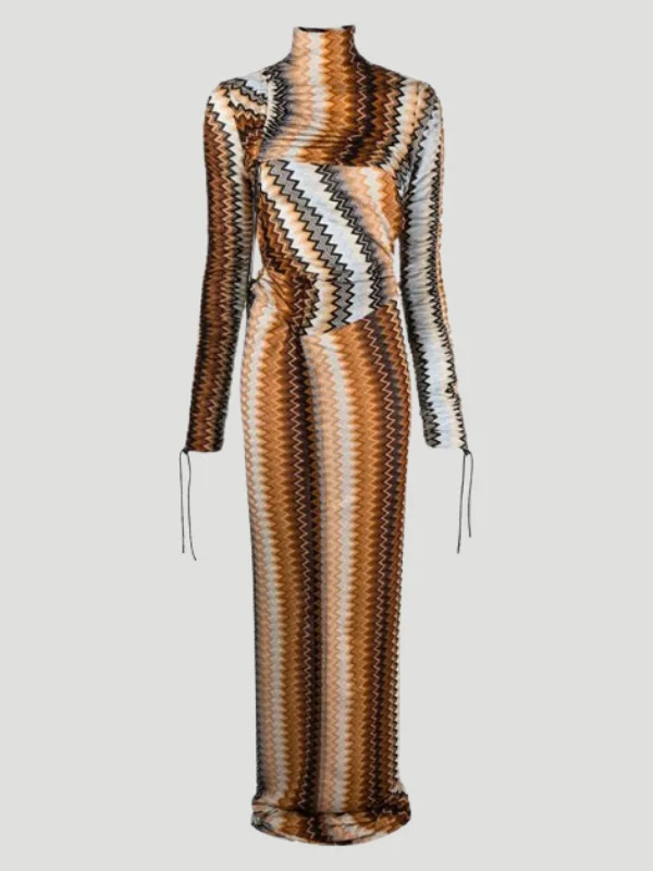 Printed Ruched Turtleneck Maxi Dress Trendy Maxi Dress with Bow