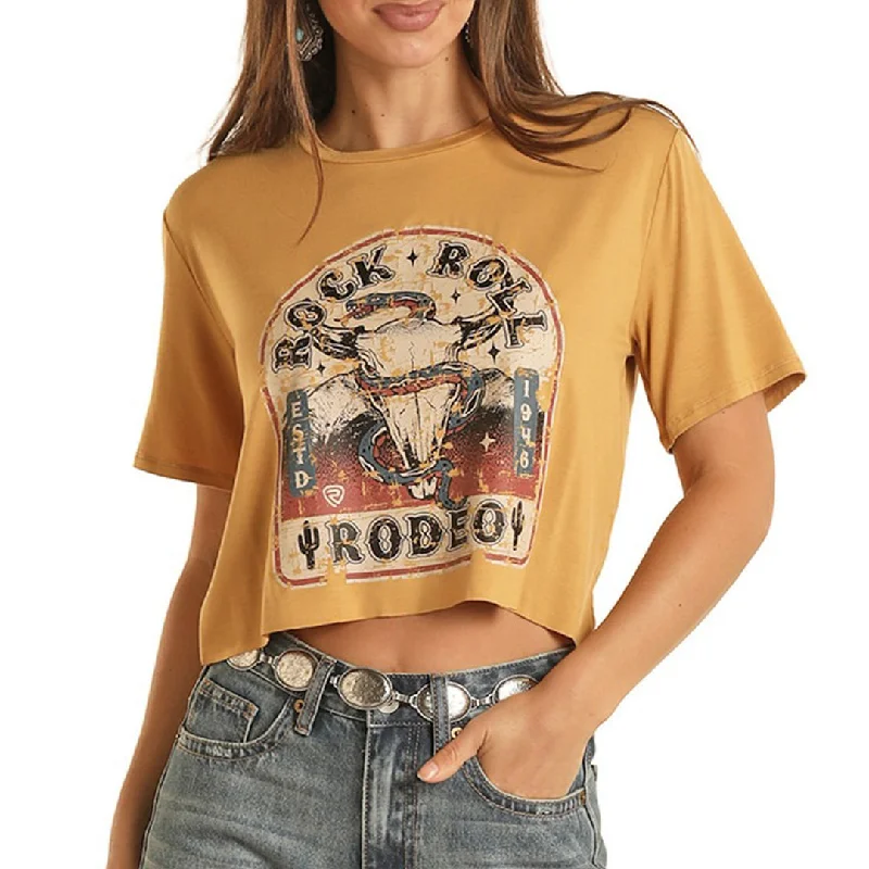 Rock & Roll Cowgirl Women's Skull Graphic Cropped T-Shirt Basic T-Shirt Crew Neck Short Sleeve Rock & Roll Cowgirl Women's Skull Graphic Cropped T-Shirt Basic T-Shirt Crew Neck Short Sleeve