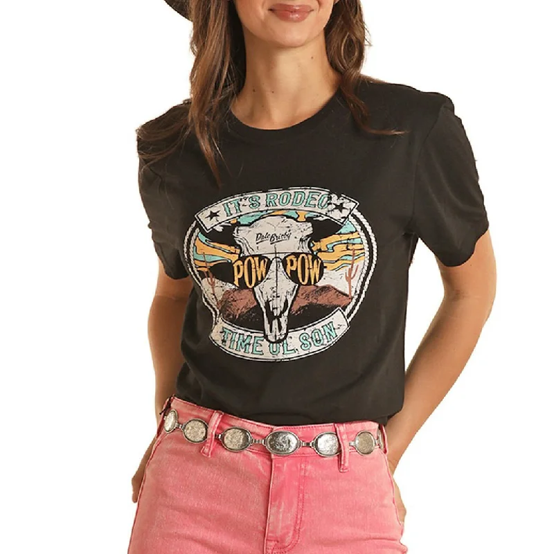 Rock & Roll Cowgirl Women's Dale Brisby Graphic T-Shirt In Black Denim Fabric Leather Fabric Suede Fabric