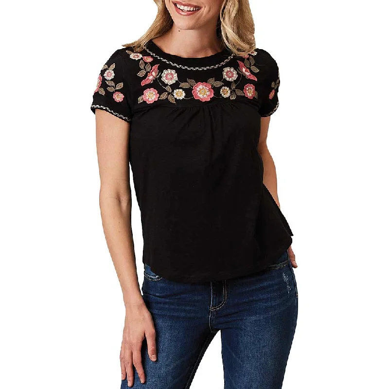 Roper Women's Floral Embroidered Yoke T-Shirt Collared Crew Neck Turtle Neck