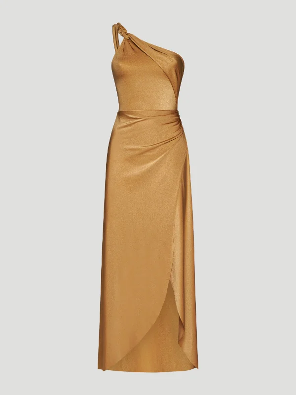 Rosina Champagne One-Shoulder Maxi Dress Stylish Empire Waist Maxi Dress