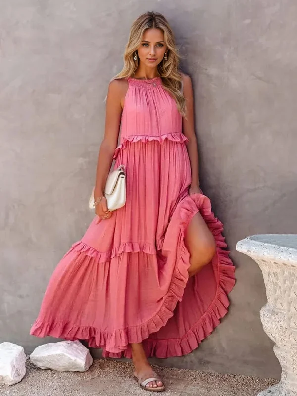 Ruffled Sleeveless Tiered Maxi Dress with Pockets Elegant Velvet Maxi Dress