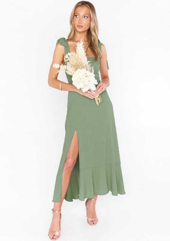 Tie strap maxi dress with slit- Olive Trendy Maxi Dress with Lace