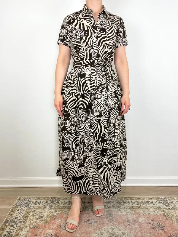 Short Sleeved Classic Shirtwaist Maxi Dress in Brown/Cream Zebra Poplin Cozy Maxi Dress with Slit
