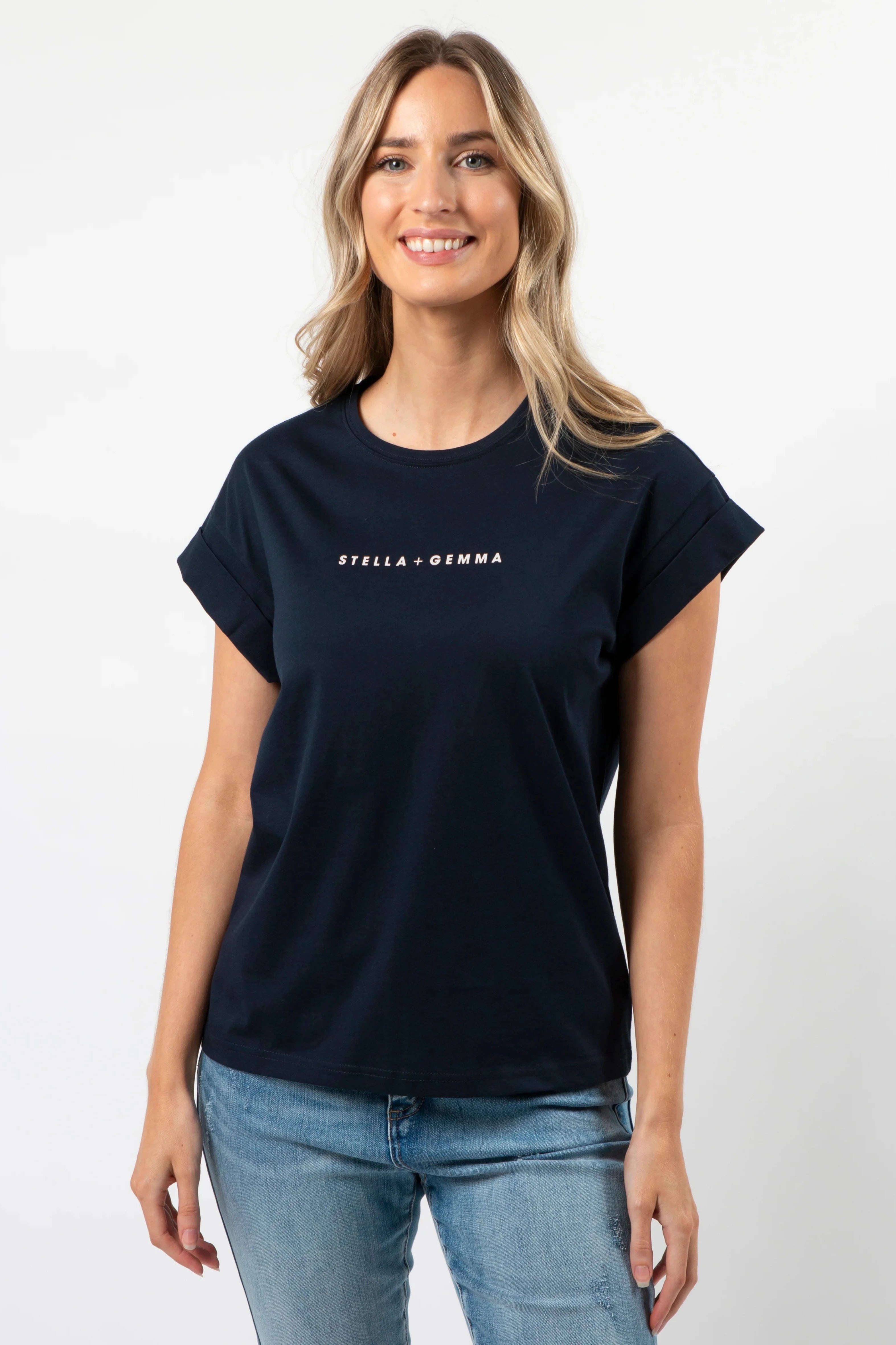 STELLA + GEMMA CUFF SLEEVE T-SHIRT - NAVY Satin Fabric Silk Fabric Chiffon Fabric