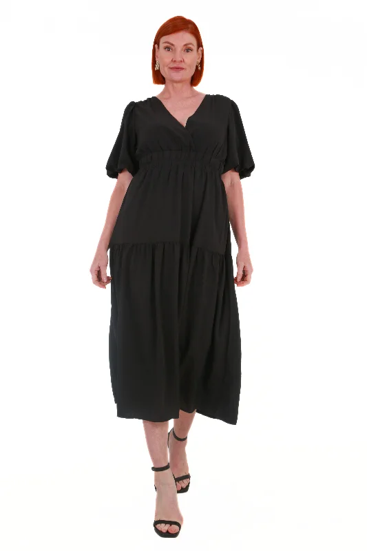 V-Neck maxi dress short sleeve- Black Fashionable Button-Down Maxi Dress