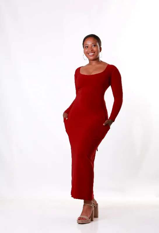 Waist Cinching Maxi Dress- Burgundy Cozy Cold-Shoulder Maxi Dress