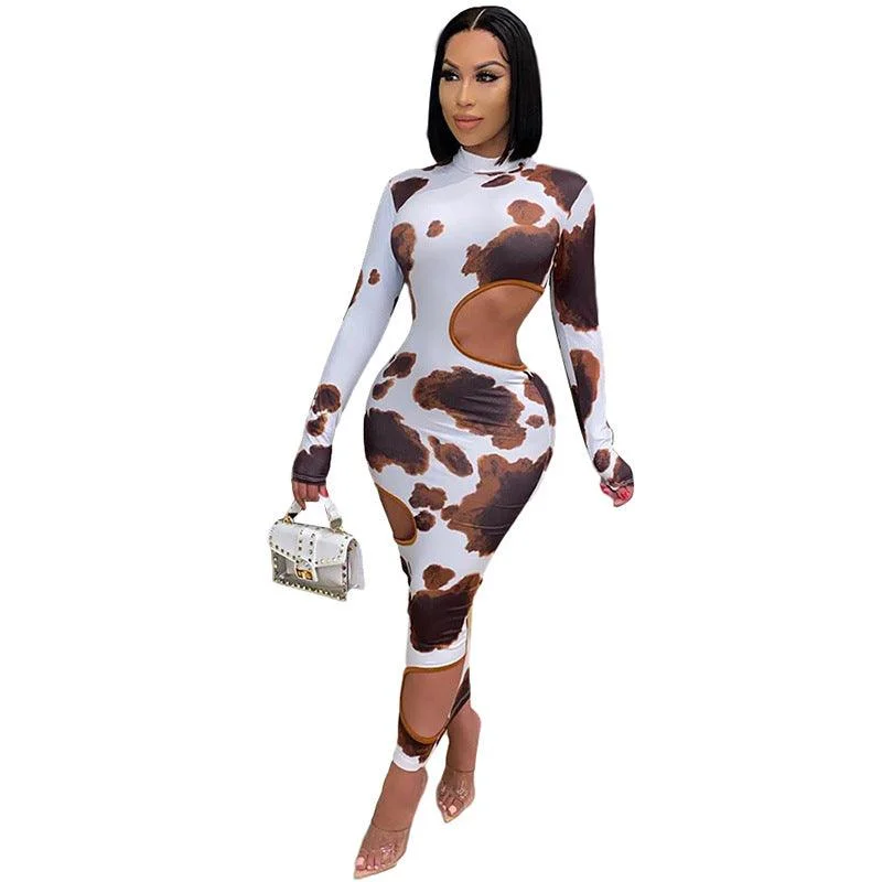 Weird Puss Hollow Out Women Irregular Hole Maxi Dresses Skinny Full Sleeve Skinny o-Neck Activewear Party Prom Club Street Style Elegant Wraparound Maxi Dress