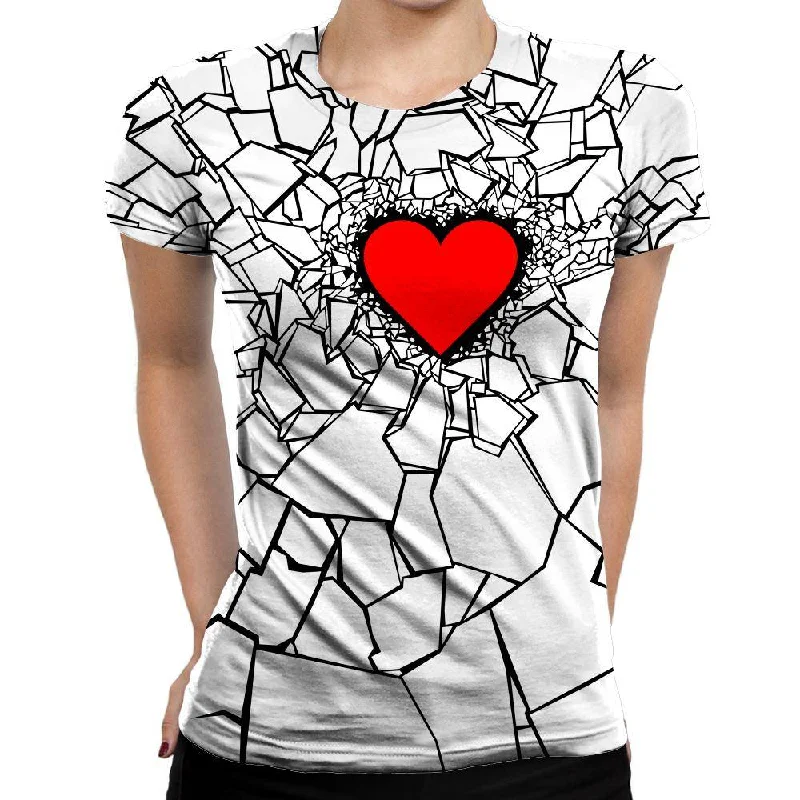 White Heart Break Womens T-Shirt Sequined Glittery Shiny