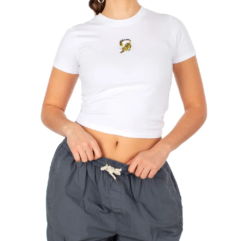 Womens Catty Emb T-shirt White Basic T-Shirt Crew Neck Short Sleeve