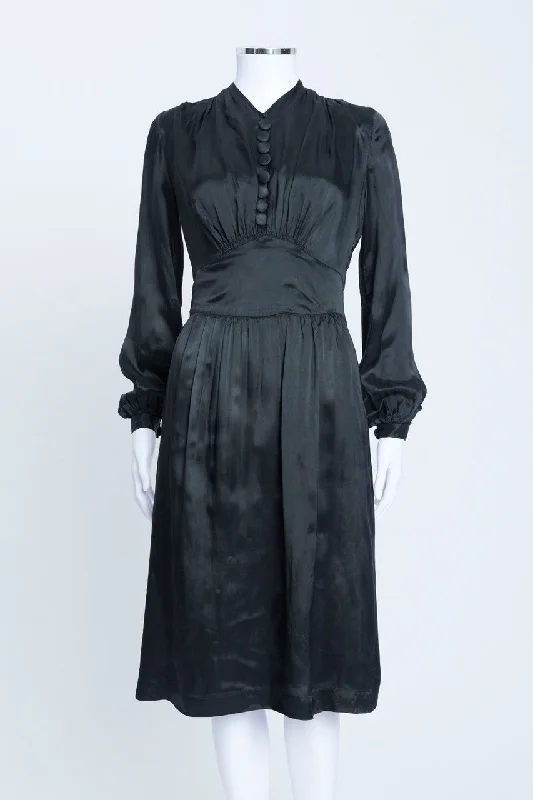 Black Silky Button Down Preowned Knee Length Dress