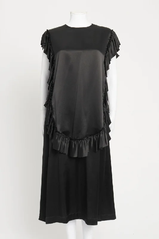 Black Silk Frilled Panel Mid-Length Preowned Dress
