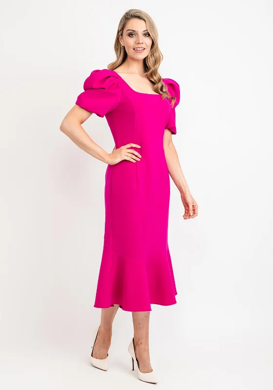 Claudia C Puff Sleeve Fishtail Dress, Magenta
