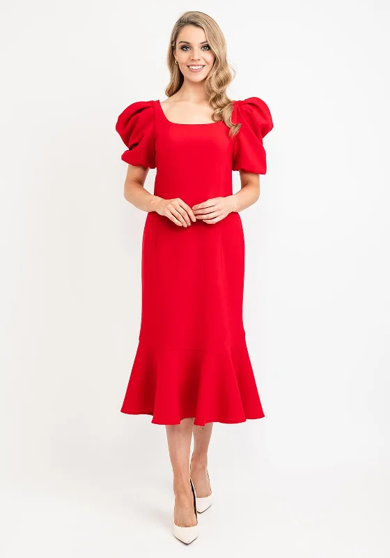 Claudia C Puff Sleeve Fishtail Dress, Red